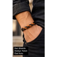 Herşey Nota Farynth Emberix Siyah Turuncu Deri Erkek Bileklik - Kontrast Örgülü Geniş Bant Model