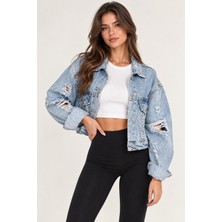 Lima Mavi Kadın Yırtık Detaylı Oversize Kot Mont Denim Ceket