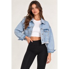 Lima Mavi Kadın Mavi Crop Kot Mont Oversize Kesim Püskül Detaylı Denim Ceket