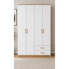 Noiss Home Decor Lifos 4 Kapaklı Çekmeceli Beyaz Gardırop, Raflı Askılıklı Yatak Odası Elbise Dolabı
