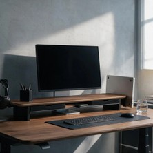 Clue Geniş Ahşap Monitör Standı 114X23 cm – Modifiye Edilebilir Çift Monitör & Laptop Yükseltici Shelf-Ceviz