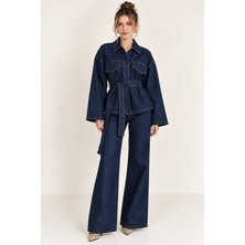 Lima Koyu Mavi Kadın Koyu Mavi Kuşaklı Kot Takım Gömlek Ceket ve Ispanyol Paça Pantolon Ikili Denim Takım