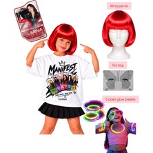 Bemora Kids Manifest Mina Aksesuar Seti Manifest Mina Kırmızı Peruk + Yüz Taşı + Glow Bileklik Parti Konser Doğum Günü