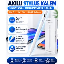Universal Stylus Kalem Dokunmatik Tablet Telefon Kalemi Ios Android Windows Uyumlu Type-C Şarjlı Pil Göstergeli Ince Uçlu Çizim Yazı Kalemi