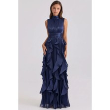 Olcay Fırfır Detaylı Yoryo Ipek Abiye Elbise K. Indigo 2365
