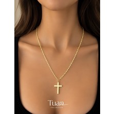 Tuan Collection Haç Figürlü Kolye Gold Renk Çelik Figür Lak Altın Kaplama Zincir