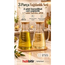 Bymyhand Ahşap Vakumlu Kapaklı Ahşap Stantlı Borosiklat Cam Yağdanlık Sirke Sos ve Yağlık 900 ml 3'lü Set