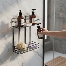 Decorelax Yapışkanlı 2 Katlı Banyo Rafı Duş Şampuanlık - Delmesiz Siyah Dikdörtgen Banyo Organizeri