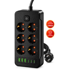 Castu Ls J06 12'si 1 Arada Akım Korumalı Priz 6 Çoklu Soket 3 USB 3 Type-C 2500W Çocuk Korumalı Kapaklı Uzatma Kablolu Grup Priz