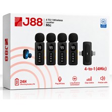 J88 4'lü Kablosuz Yaka Mikrofonu Aı Gürültü Önleyici Lightning Type-C Uyumlu Vlog Röportaj Canlı Yayın Mikrofonu (4 Mikrofon + 1 Alıcı)