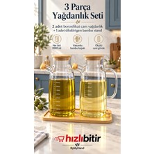 Bymyhand Ahşap Vakumlu Kapaklı Ahşap Stantlı Borosiklat Cam Yağdanlık Sirke Sos ve Yağlık 1000 ml 3'lü Set