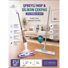 Emoev 2'li Zemin Temizlik Seti - Su Püskürtmeli Spreyli Mop Paspas & 50 cm Geniş Başlıklı Silikon Yer Çekçek (180° Döner)