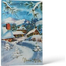 Vintage Retro Fransızca Bonne Année Yazılı Karlı Kış Manzaralı Yeni Yıl Kartpostalı
