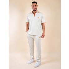 Mario Price Erkek Büyük Beden Çizgili Modal Oversized Polo Yaka Takım Krem