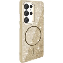 Lopard Samsung Galaxy S25 Ultra Telefon Kılıfı M-Safe Şarj Özellikli Parlayan Simli Kapak Gold Magsafe