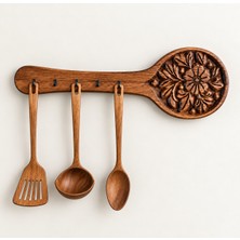 Ahşabın Ruhu Ahşap Oyma Kaşık Formlu Mutfak Kepçe Askılığı – 5 Askılı Vintage Görünümlü Mutfak Duvar Askılığı 60CM Genişlik