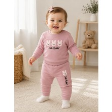 Haknur Cute Rabbit Baskılı Eşofman Takımı - Pudra Pembe