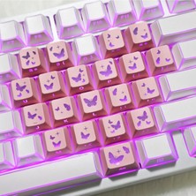 Leaven Kelebek Desenli Kare Tasarım Keycap Tuş Takımı Pbt - Rgb Uyumlu Işık Geçirgen - Pembe