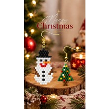 Seard Miyuki Boncuk El Yapımı Minik Çam Ağacı ve Kardan Adam Küpe Yılbaşı Christmas Noel