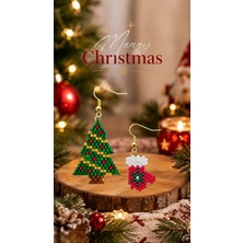 Seard Miyuki Boncuk El Yapımı Eldiven ve Çam Ağacı Küpe Yılbaşı Christmas Noel