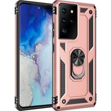 Lopard Samsung Galaxy S21 Ultra Telefon Kılıfı Kapak Rose Gold Yüzük Tutucu Standlı Arka Kapak Koruma
