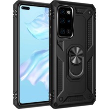 Lopard Huawei P40 Telefon Kılıfı Kapak Siyah Yüzük Tutucu Standlı Arka Kapak Koruma