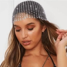 VBX Aura Kadın Taşlı Saç Filesi Bandana Kristal Taşlı Saç Ağı Gelin Festival Beyaz