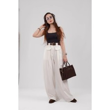 Kadın Kemerli Pileli Yüksek Bel Geniş Paça Pantolon