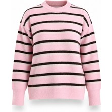 5in1Canpolat Pembe Bisiklet Yaka Çizgili Kazak 5536