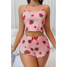 Çilek Desenli Crop Askılı Şort Yazlık Pijama Takımı Ryl - S-49