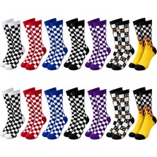 Unisex Çorap Dama Desenli Renkli 14`lü Set Kareli Alev Desenli Uzun Soket Günlük Spor Çorabı