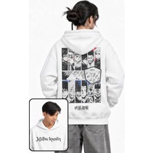 Fuddy Moda Unisex Jujutsu Kaisen Karakterleri Sırt Baskılı Kapüşonlu Sweatshirt, Oversize Anime Temalı Hoodie