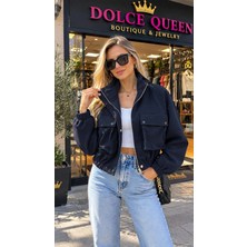 Dolce Queen Kadın Lacivert Dik Yaka Fermuarlı Cep Detaylı Bomber Ceket