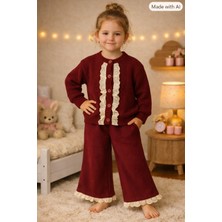 Filiz Kids Kız Çocuk Şık Model Örme Triko Takımı Canlı Bordo Renkli Fırfırlı Hırka Bol Paça Pantolon 2'li Kombin
