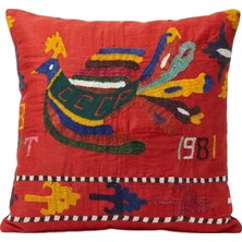 Suzani Pamuk Kırmızı Nakış Kırlent Kılıfı 48 x 49 cm