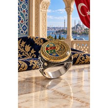 Siset Gümüş 925 Ayar Mineli  Aslan Kafalı Ay Yıldız Erkek Gümüş Yüzük