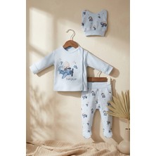 Babycan Skydream %100 Pamuklu 3'lü Bebek Takımı - Açık Mavi Pilot Ayıcık Desenli Kruvaze Üst, Patikli Pantolon ve Bere Seti