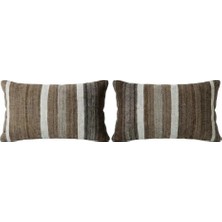 Kilim Yün Kahverengi El Yapımı Kırlent Kılıfı 2 Parça Set 28 x 50 cm