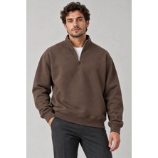 Milares Erkek Üç Iplik Içi Şardonlu Dik Yaka Yarım Fermuarlı Kışlık Sweatshirt - Kahverengi
