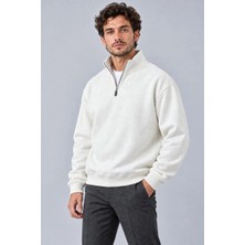 Milares Erkek Üç Iplik Içi Şardonlu Dik Yaka Yarım Fermuarlı Kışlık Sweatshirt - Beyaz