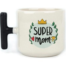 Mor Mürekkep Super Mom Yazı Baskılı Siyah Kulplu T Kupa - Anneye Hediye Bardak Fincan Mug