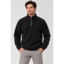 Milares Erkek Polar Dik Yaka Yarım Fermuarlı Uzun Kollu Regular Fit Kışlık Sweatshirt - Siyah