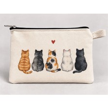 Mor Mürekkep Beş Kedi Baskılı Fermuarlı Kalemlik 20X10 cm Kalem Kutusu