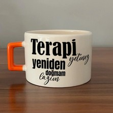 Mor Mürekkep Terapi Yetmez Yeniden Doğmam Lazım Baskılı Turuncu Kulplu Kare Kupa Bardak Fincan Mug