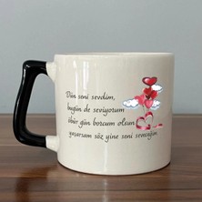 Mor Mürekkep Dün Seni Sevdim Baskılı Siyah Kulplu Prime Kupa Bardak Fincan Mug