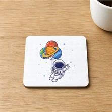 Mor Mürekkep Selam Astronot Baskılı 9x9 cm Kare Mdf Bardak Altlığı Ahşap