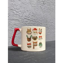 Mor Mürekkep Dokuzlu Kedi Baskılı Kırmızı Kulplu Prime Kupa - Yılbaşı Hediyesi Bardak Fincan Mug