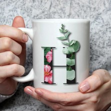 Mor Mürekkep Çiçekli H Harf Baskılı Beyaz Kupa Bardak Fincan Mug