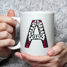Mor Mürekkep Etnik A Harf Baskılı Beyaz Kupa Bardak Fincan Mug