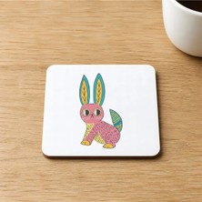 Mor Mürekkep Renkli Tavşan Tasararım Baskılı 9x9 cm Kare Mdf Bardak Altlığı Ahşap
